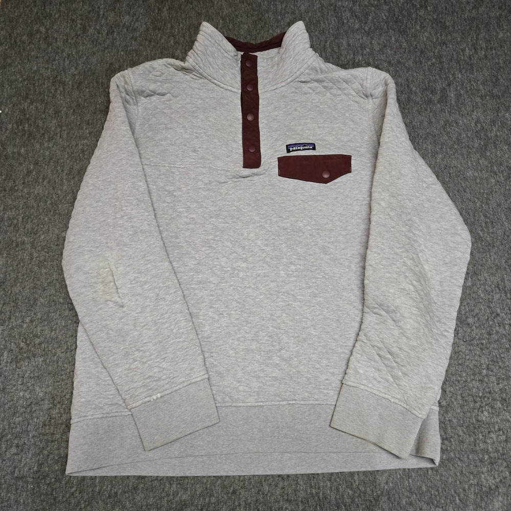 Patagonia Cotton Quilt Snap-T Pullover Womens L Gray Maroon Quilted Sweatshirt